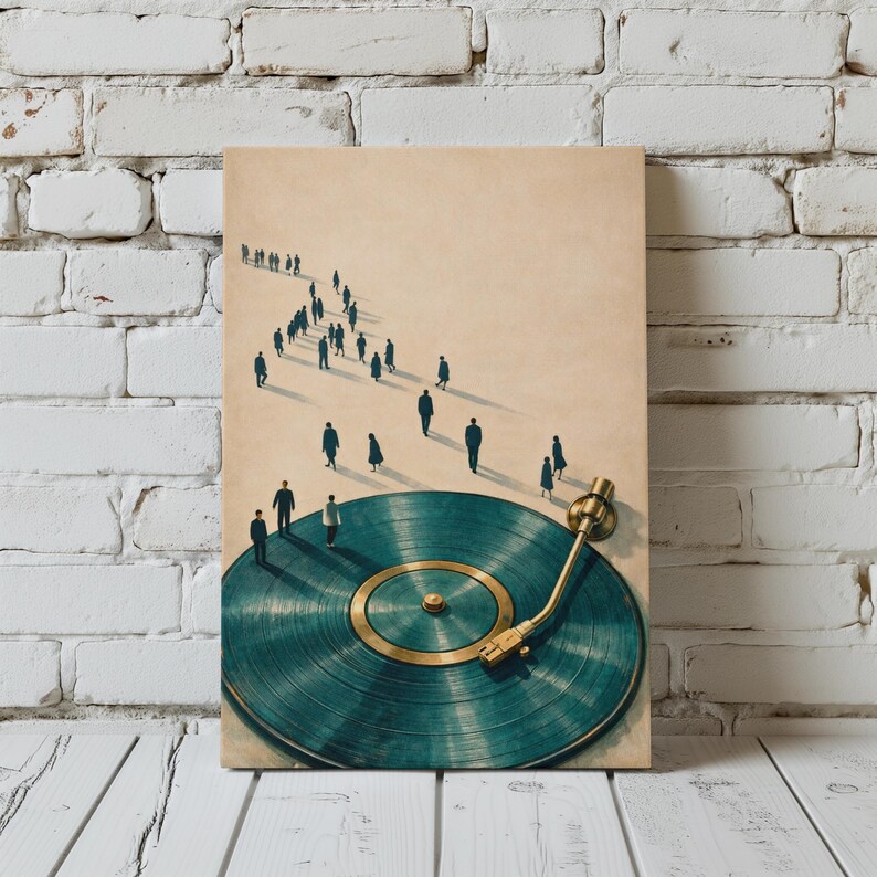 May include: An artistic print featuring a teal vinyl record with a gold tone arm and a path of silhouetted figures. The figures appear to be walking towards the record player.