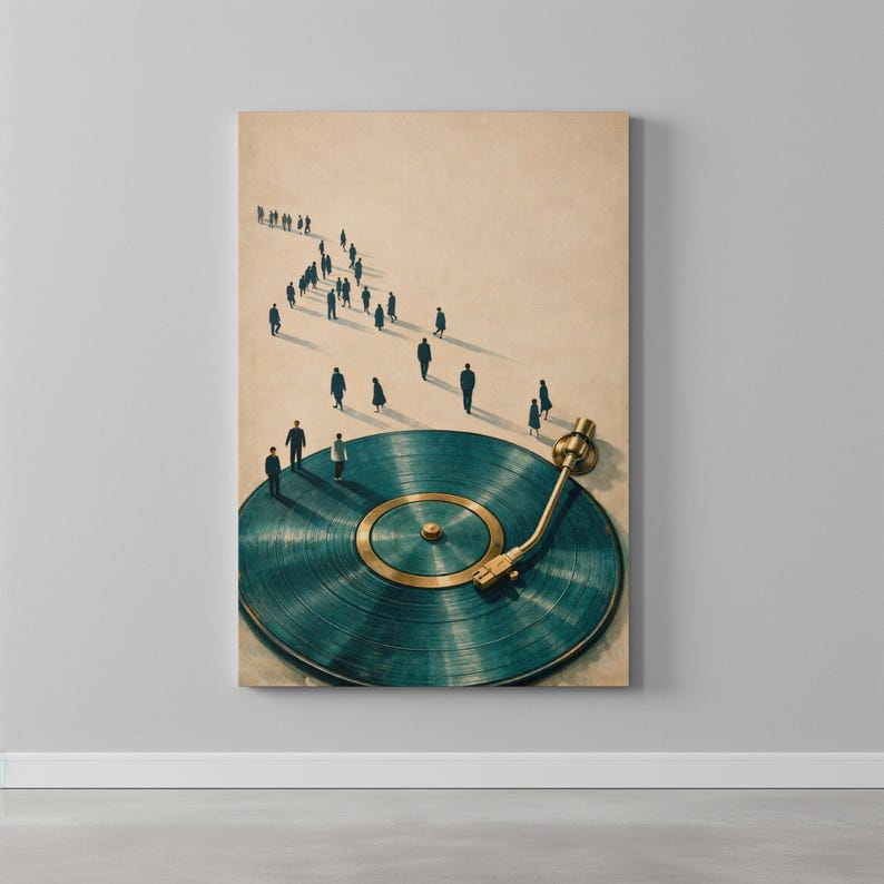 May include: An artistic canvas print featuring a teal vinyl record with a gold tone arm and center. A line of miniature figures walks towards the record. The background is a light beige color.