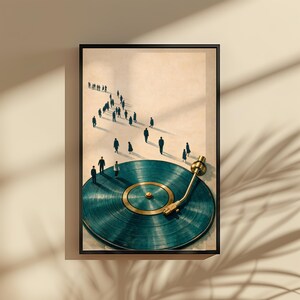 May include: A framed art print featuring a teal vinyl record with a gold tone center and arm. Small figures of people are walking on the background. The artwork has a surreal, conceptual theme.