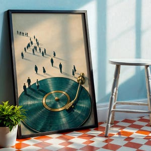 May include: Framed art print featuring a surreal image of a vinyl record with a gold tone arm and a path of silhouetted figures. The record is teal and gold, with a black frame. A small potted plant and a white stool are in the foreground.