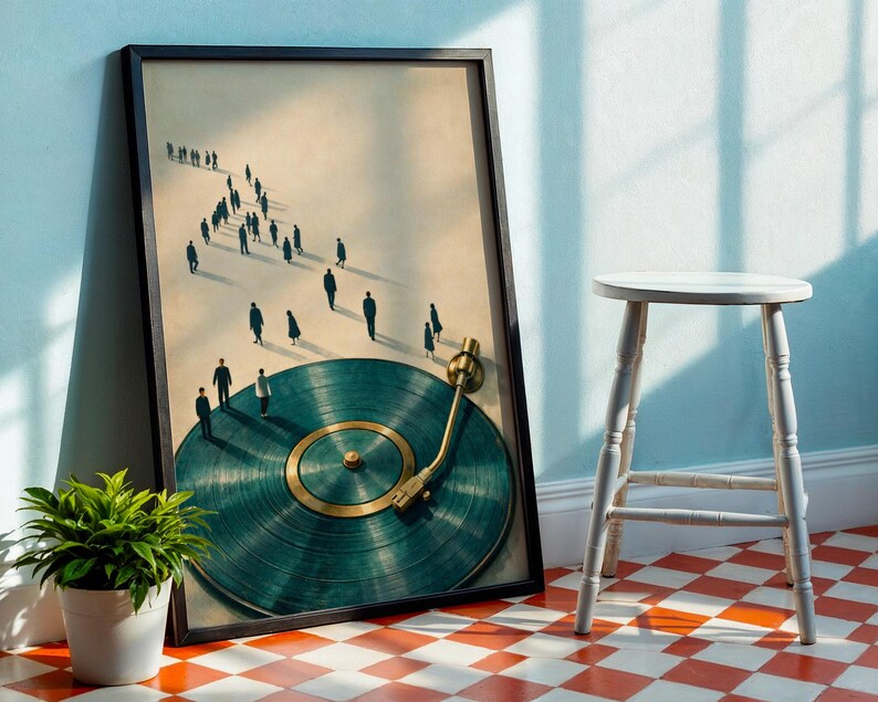 May include: Framed art print featuring a surreal image of a vinyl record with a gold tone arm and a path of silhouetted figures. The record is teal and gold, with a black frame. A small potted plant and a white stool are in the foreground.