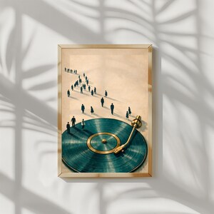 May include: A framed art print featuring a teal vinyl record with a gold tone arm and center. Silhouetted figures walk towards the record. The artwork has a vintage aesthetic and is set against a neutral background.