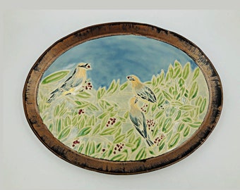 Hand-Painted Ceramic Wall Art: Cedar Waxwings & Toyon Berry Decor