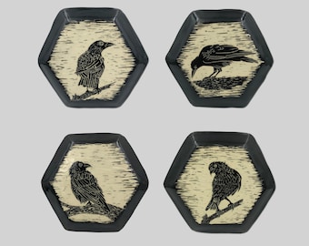 Hand carved, 3D hexagonal ceramic wall tiles with ravens or crows, choice of four poses