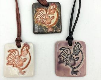 Rooster pendant from original art stamp on handmade ceramic with satin rattail cord, gift box included