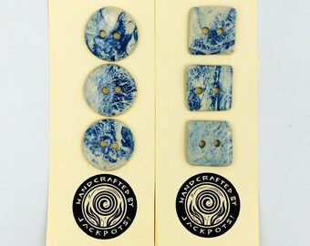 Handmade Marbled Stoneware Buttons: Blue & White Ceramic, Set of 3