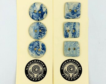 Handmade ceramic buttons in marbled blue and white stoneware, round or square, set of 3