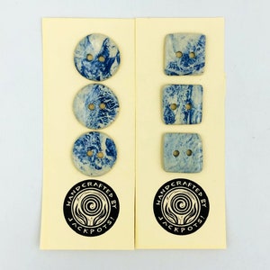 Handmade ceramic buttons in marbled blue and white stoneware, round or square, set of 3