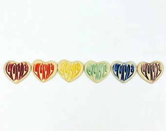 Rainbow Love Ceramic Heart: Stoneware Button, Pin or Magnet
