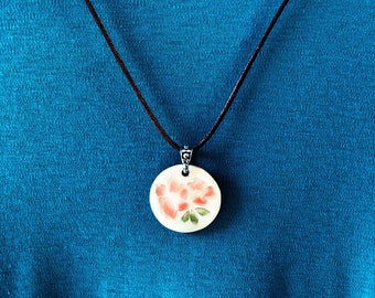 Floral ceramic pendant in 2 styles with soft peach glazed flowers and sterling silver bail and satin rattail cord, gift box included