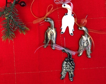 Ceramic Cat with tail in the air Christmas Ornament, a great Xmas Decoration for your Christmas Tree, Gift Box Included,