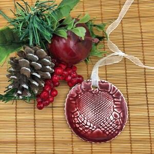 Ruby Red or Purple Ceramic Christmas Ornament - Textured with Lace Hearts - Gift Box Included