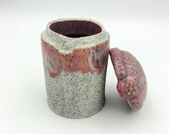 Handmade lidded ceramic treasure jar. Slab built covered jar with white speckled stoneware - Top glazed pink , bottom 2/3 is unglazed clay