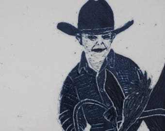 Sgraffito Cowboy Art Tile: Ranch House Decor, Framed Wall Art
