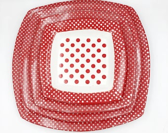 Bright bold red polka dot pottery plates in 4 sizes - Modern rounded square shape - limited availability