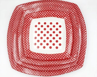 Red Polka Dot Pottery Plates: Modern Square Handmade Dinnerware