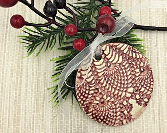 Ceramic Christmas Ornament - Textured with Lace - Ruby Red and cream, Gift Box Included