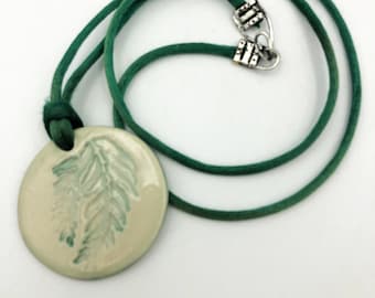 Fern necklace, handmade ceramic pendant on a green satin rattail cord (2 different lengths) and metal clasp - gift box included