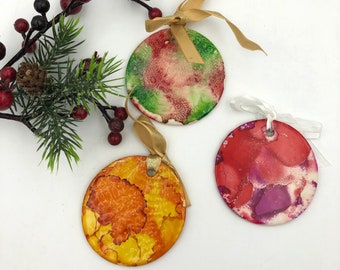 Handmade Ceramic Xmas Ornament, Ready to ship, Gift Box Included, Alcohol Ink Christmas Ornament, Holiday Cheer, Xmas Tree