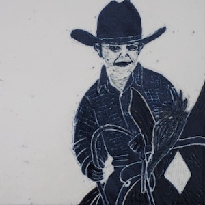 Little Cowboy Art Tile with Sgraffito Carved image, perfect decor for your Ranch House,  Framed Black and White Wall Tile