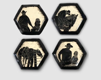 Hand Carved Cowboy Ceramic Wall Tile: Sgraffito Art