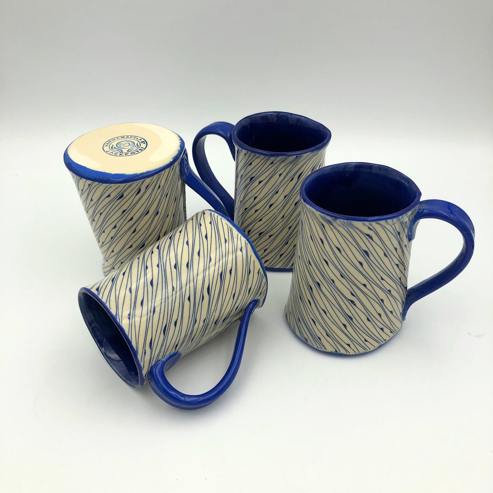 Handmade Ceramic Coffee Cup With Blue Diagonal Design Etsy
