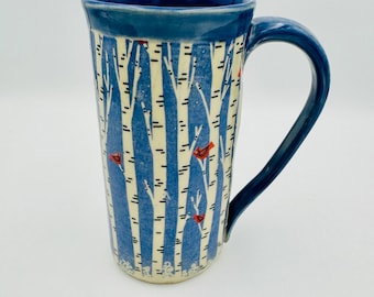 Handmade Birch Tree Mug: Cardinal Bird Pottery, Deep Blue Glaze