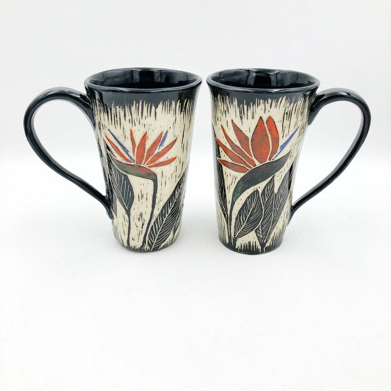 Handbuilt, Tropical Ceramic Coffee Mug, Handmade Pottery Mug with Hand Carved Birds of Paradise, Stoneware Cup, Ceramic Tea Cup image 3