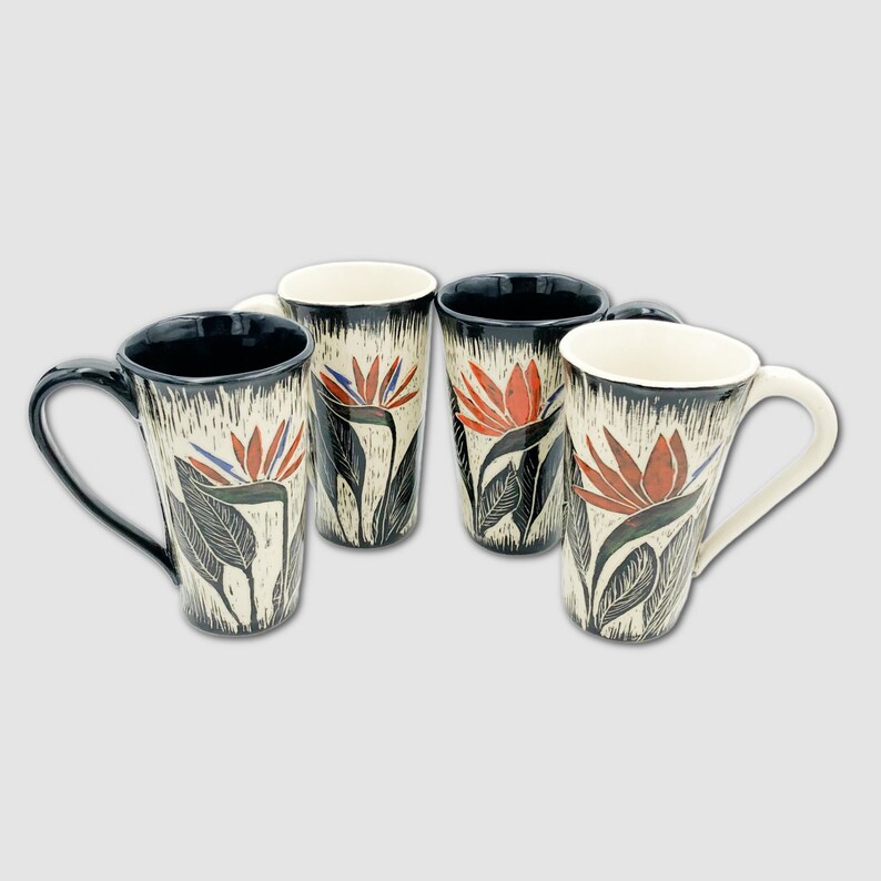Handbuilt, Tropical Ceramic Coffee Mug, Handmade Pottery Mug with Hand Carved Birds of Paradise, Stoneware Cup, Ceramic Tea Cup image 1