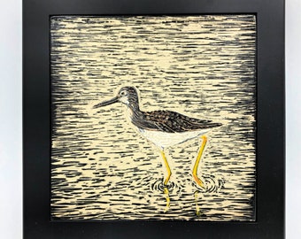 Hand Carved Yellowlegs Art Tile: Sgraffito Bird Wall Decor
