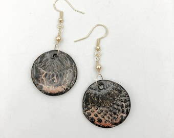 Ceramic disk earrings in Copper colored glaze with gold fill wire and commercial GF ear wires - gift box included