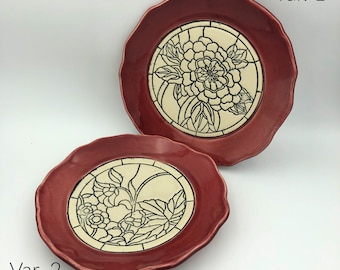 Red Ceramic Dinner Plate: Handmade Stoneware with Coloring Book Design