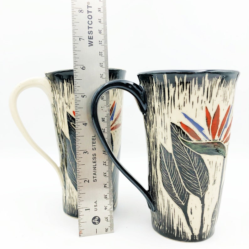 Handbuilt, Tropical Ceramic Coffee Mug, Handmade Pottery Mug with Hand Carved Birds of Paradise, Stoneware Cup, Ceramic Tea Cup image 8