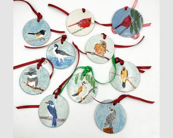 Hand Painted Ceramic Bird Christmas Ornament, Holiday Decor