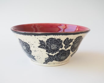 Sgraffito Carved Ceramic Art Bowl, Wheel Thrown Pottery Serving Bowl, Decorative Bowl, Wedding Gift, Black and White with red glaze