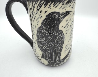 Handmade Raven Crow Pottery Mug: Sgraffito Ceramic Coffee Cup