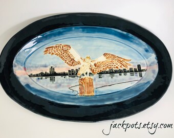 Hand-Carved Sgraffito Pottery Wall Platter: Osprey & Skyline
