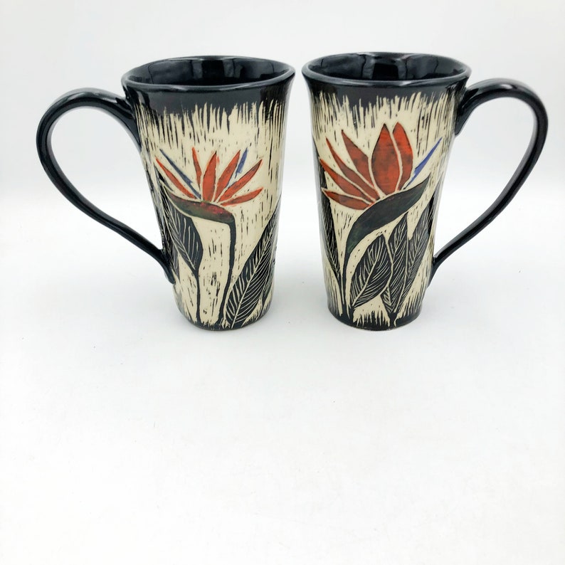 Handbuilt, Tropical Ceramic Coffee Mug, Handmade Pottery Mug with Hand Carved Birds of Paradise, Stoneware Cup, Ceramic Tea Cup image 2