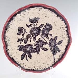 Ceramic art plate -  shallow collectible floral bowl - black & white sgraffito pottery bowl with red glaze