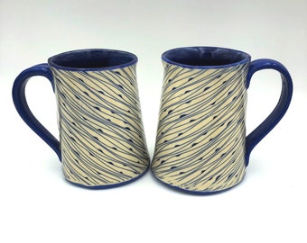 Handmade ceramic coffee cup with blue diagonal design, Stoneware Pottery Mug, Ceramic Tea Cup