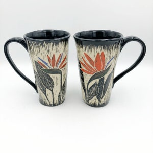 Handbuilt, Tropical Ceramic Coffee Mug, Handmade Pottery Mug with Hand Carved Birds of Paradise, Stoneware Cup, Ceramic Tea Cup black glaze inside