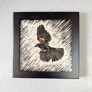 Hand Carved Red Winged Blackbird Tile, Sgraffito Ceramics, Framed Wall Art