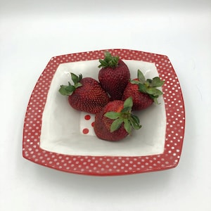 Modern rounded square ceramic bowl with red and white polka dots  Limited availability handbuilt and slightly wonky, what fun!