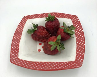 Handbuilt Ceramic Bowl: Red and White Polka Dot, Square