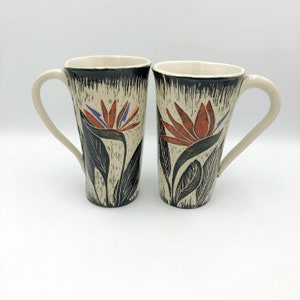 Handbuilt, Tropical Ceramic Coffee Mug, Handmade Pottery Mug with Hand Carved Birds of Paradise, Stoneware Cup, Ceramic Tea Cup clear glaze inside