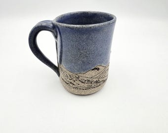 Espresso mug, Silkscreend mountans on unglazed raw granite and soft blue glaze above