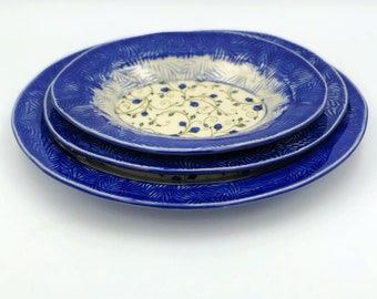 Oval pottery platters in 3 sizes with gorgeous cobalt glaze and retro blue roses pattern