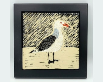 Birder Art, Carved Wall Tile with Heerman's Gull,  Gift for bird watcher