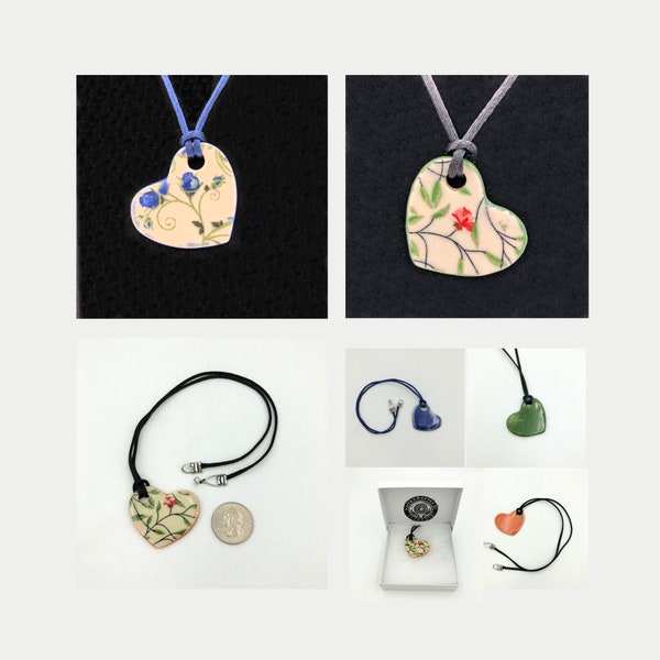 Handmade heart shaped ceramic pendant with floral  pattern and satin rattail cord and metal clasp - gift box included