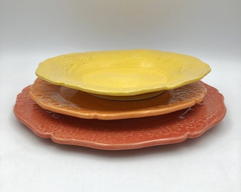 Handmade Ceramic Plate Set: Wabi Sabi Floral Rim, Poppy Tangelo Marigold Glazes